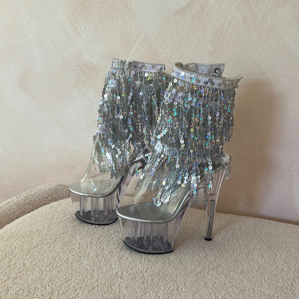 Pleaser Adore Silver Sequin Fringe Platform Boots Sz 7